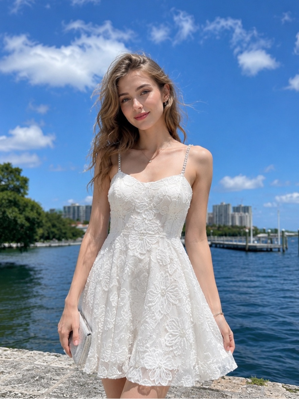 3D Floral Sequin Mini Dress White Spaghetti Strap Party Dress ⭐